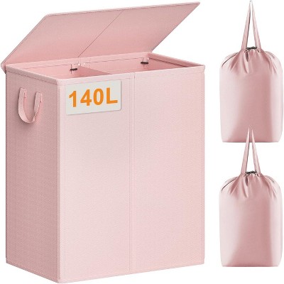 140L Laundry Hamper 2 Section, Double Laundry Basket with Lid, Large Dirty Clothes Hamper with Removable Liner Bags