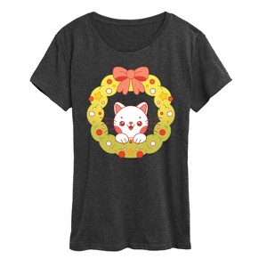 Women's - Instant Message - Chibi Cat Christmas Wreath Short Sleeve Graphic T-Shirt - 1 of 4