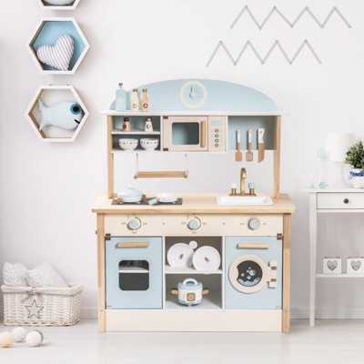 ROBOTIME Luxury Kids Play Kitchen Playset, Wooden Pretend Playset with Microwave Oven, Clock,Towel Rack,Toy for Toddler, Blue, 29.7"*13.8"*38.6"