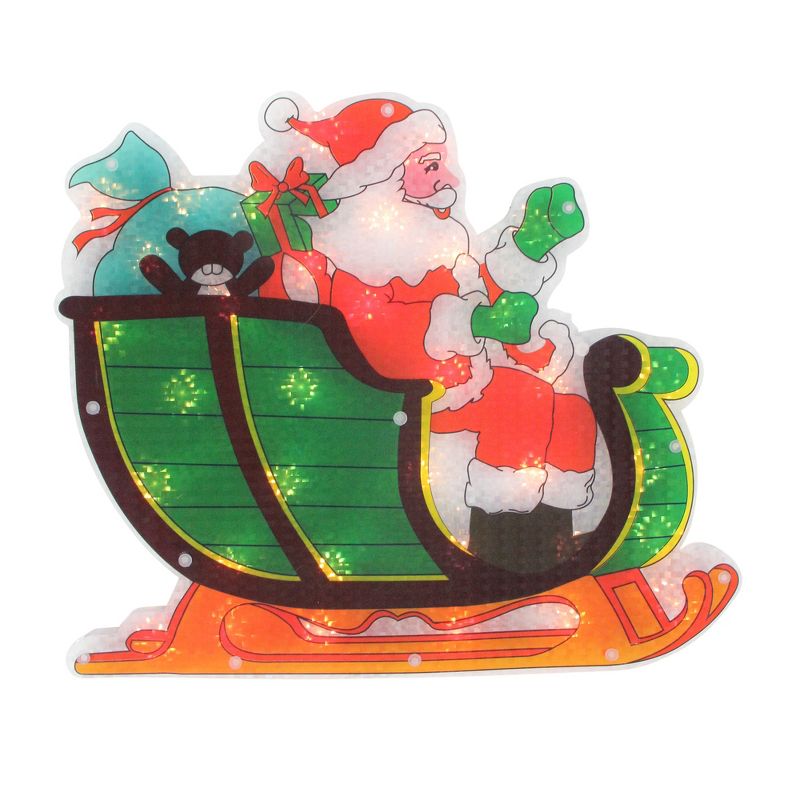 Northlight 17" Pre-Lit Green and Red Holographic Santa in Sleigh Christmas Window Silhouette Decoration, 1 of 3