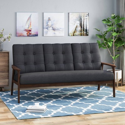 Mid-Century Tufted Black Fabric Sofa with Walnut Wood Frame