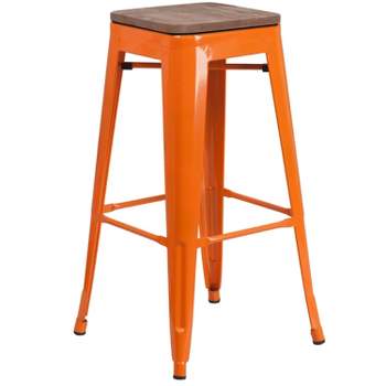 Merrick Lane Backless Metal Dining Stool with Wooden Seat for Indoor Use