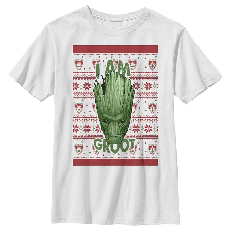 Boy's Marvel Ugly Christmas Guardians of the Galaxy Groot Portrait T-Shirt, 1 of 5