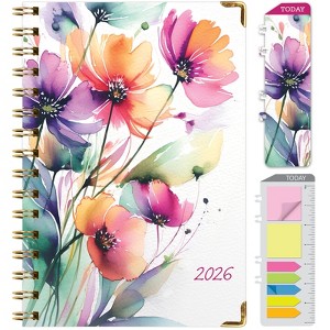 HARDCOVER 2026 Planner, 5.5"x8": 14 Months (Nov 2025-Dec 2026), Daily/Weekly/Monthly,  Bookmark, Pocket Folder w Sticky Notes (Rainbow Floral) - 1 of 4