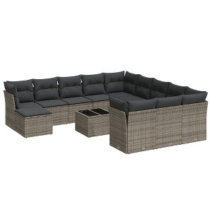 vidaXL 13 Piece Patio Sofa Set with Cushions Gray Poly Rattan - With Table - 1 of 4