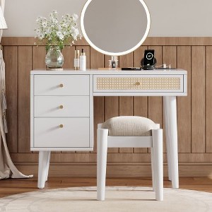 ORRD Retro Bohemian Wooden Makeup Vanity Set with Charging Plug & USB Port, Stool, Dressing Table with 3 Drawers and 1 Rattan Drawer, White - 1 of 4