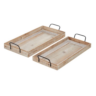 Set of 2 Rectangular Wood Tray with Inlay and Metal Handles Black - Olivia & May