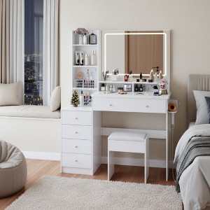 FONTOI 29.2"W/37"W/41"W Makeup Vanity Table Desk with Mirror Left Bedside Cabinet Stool Dresser Set for Woman Bedroom Dressing Room, Black/White - 1 of 4