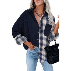 Coolmee Womens Corduroy Button Down Shirts Colorblock Plaid Print Blouse Boyfriend Long Sleeve Oversized Blouses Tops - 1 of 3