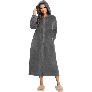 Ekouaer Fleece Robes for Women Hooded Plush Zipper Front Long Bathrobe Warm House Robe Sleepwear with Pockets - 1 of 3