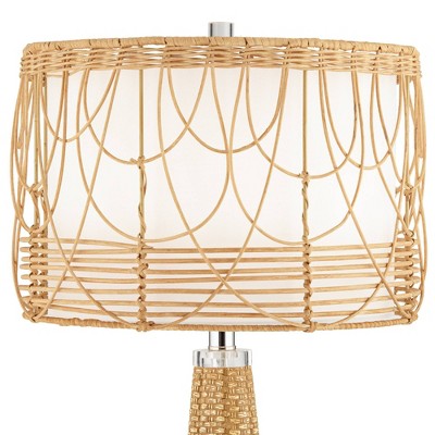 Large Beige Faux Rattan Coastal Table Lamp with White Shade