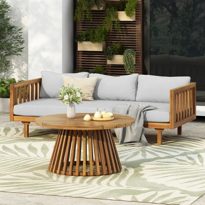3 Seater Acacia Wood Outdoor Daybed and Coffee Table Set,2 Piece Wood Garden Furniture Sofa Set,Patio Lounge Set with Cushions-Coolbibila