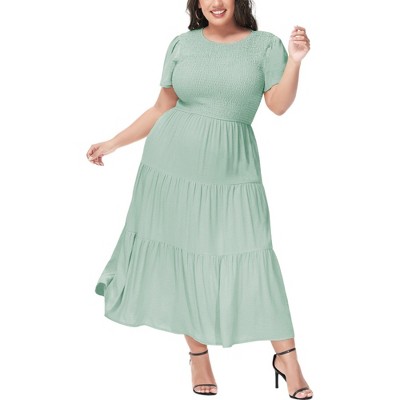 Anna-Kaci Women's Plus Size Round Neck Flutter Short Sleeve Elastic Waist Smocked Maxi Dress