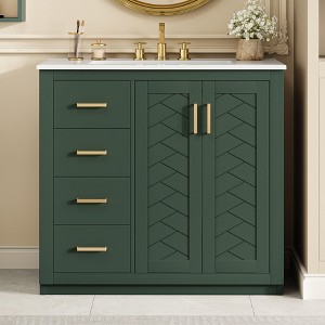 Gulches 36 inch Bathroom Vanity with Ceramic Sink Combo Solid Wood Frame Freestanding Set 3 Drawers Soft Closing Doors Green - 1 of 4