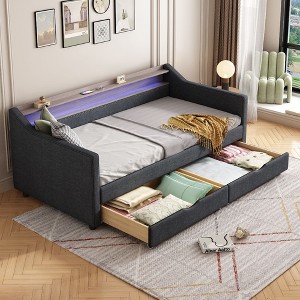 NicBex Twin Size Linen Upholstered Daybed with 2 Drawers,2-Tier Shelf,LED Light and Charging Station for Living Room,Apartment - 1 of 4