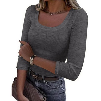 Women's Square Neck T-Shirts 3/4 Sleeve Slim Fit Tops Summer Casual Tops