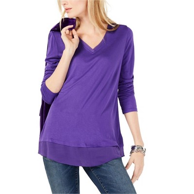 I.N.C International Concepts Womens Sheer trim Basic T-Shirt, Purple, Small