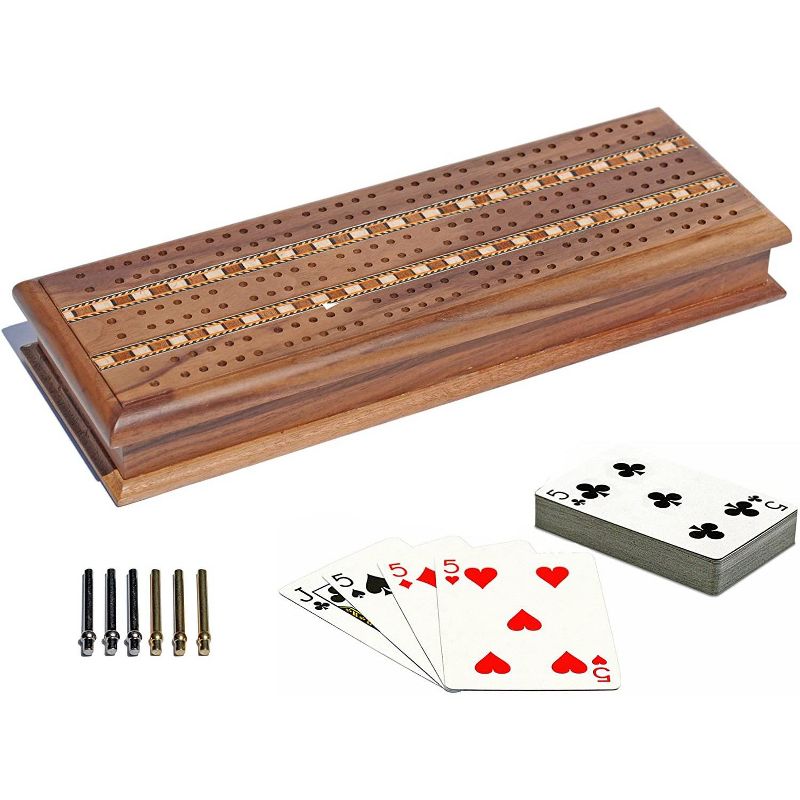 WE Games 3 Track Sprint Cabinet Cribbage Set with Metal Pegs & 2 Card Decks, 1 of 7
