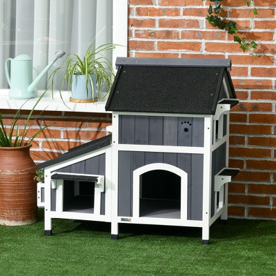 Gray Wooden Outdoor Cat House with Weather-resistant Roof