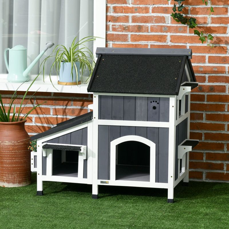 PawHut Outdoor Cat House with Weather-resistant Roof & Garden Bed, Outdoor Cat Shelter Enclosure with Multiple Entrances, Cat Furniture Hideout, Gray, 2 of 7