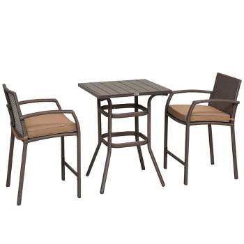 Outsunny 3 PCS Rattan Wicker Bar Set with Wood Grain Top Table and 2 Bar Stools for Outdoor, Patio, Poolside, Garden