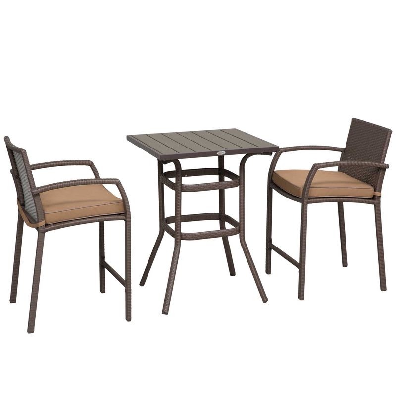 Outsunny 3 PCS Rattan Wicker Bar Set with Wood Grain Top Table and 2 Bar Stools for Outdoor, Patio, Poolside, Garden, 1 of 9