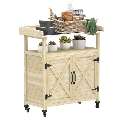 Outsunny Outdoor Potting Bench, Wooden Potting Table with Storage Cabinet, Aluminum Tabletop, Rubber Wheels for Backyard, Patio, Balcony