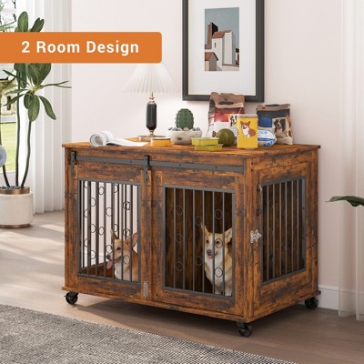 YOOCOZZ Sliding Door Dog Cage with Partition for Two Puppies, 39.37'' W x 25.20'' D x 28.94'' H-Rustic Brown