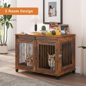 YOOCOZZ Sliding Door Dog Cage with Partition for Two Puppies, 39.37'' W x 25.20'' D x 28.94'' H-Rustic Brown - 1 of 4