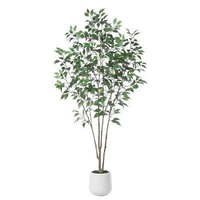 DR.Planzen 5-7FT Artiicial Ficus Tree with Round White Planter, Pre Potted Faux Plant for Indoor Home Decor