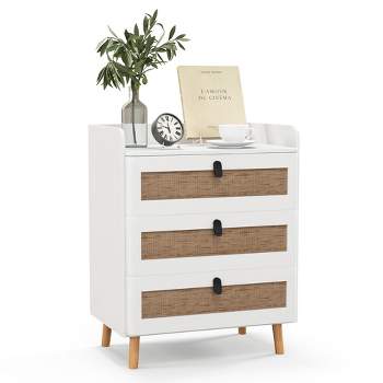 Tangkula Modern Nightstand End Bedside Table w/ 3 Rattan Drawers & Solid Wood Legs White