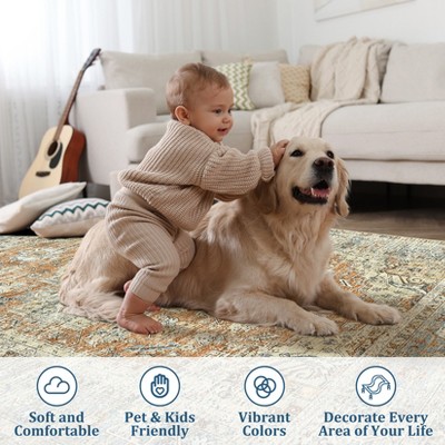 Vintage Distressed Area Rug Soft Washable Rug Retro Medallion Floor Carpet Non Slip Low Pile Rug Non Shedding Thin Rug, Decorative Printed Rug