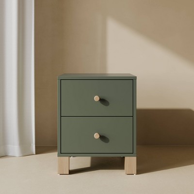 Olive Painted Wood 2 Drawer Nightstand with Driftwood Legs