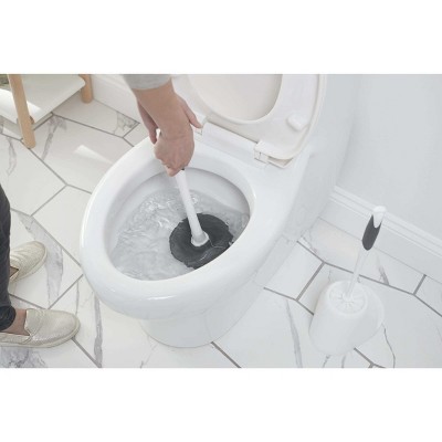 White and Black Toilet Plunger and Brush Set with Caddy