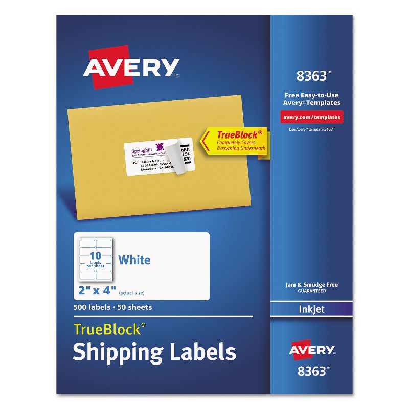Avery Shipping Labels w/Ultrahold Ad & TrueBlock Inkjet 2 x 4 White 500/Box 8363, 1 of 10