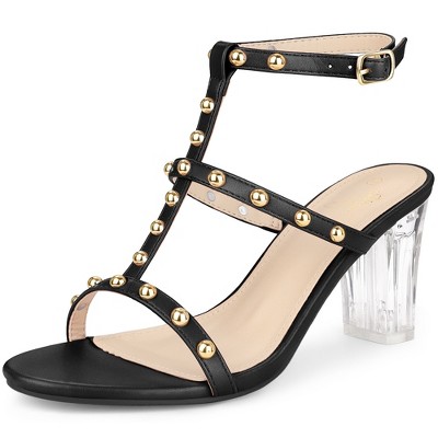 Perphy Studded Heel Ankle T-Strap Chunky Clear Heels Sandals for Women