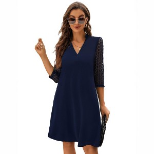 Coolmee Causal Midi Dresses for Women V Neck Lace 3/4 Long Puff Sleeve Loose Dress - 1 of 4