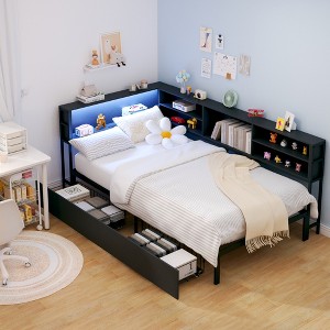 Twin Size Bed Frame with Storage Bookcase, Charging Station, and LED Light for Bedroom or Apartment - 1 of 4