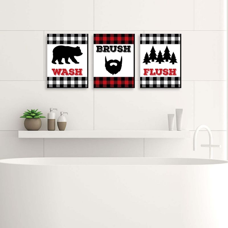 Big Dot of Happiness Lumberjack - Channel the Flannel - Kids Bathroom Rules Wall Art - 7.5 x 10 inches - Set of 3 Signs - Wash, Brush, Flush, 3 of 8