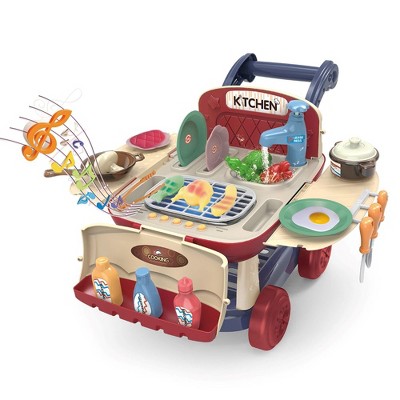 Syncfun Kitchen Pretend Play Toy Shopping Cart Playset BBQ Barbecue Kitchen Toy with Light and Music, Color Changing Play Food, Play Sink Cookware