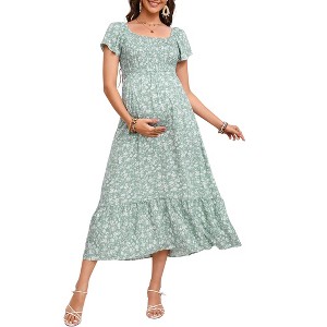 Coolmee Women Maternity Summer Casual Maxi Dress Sleeveless Square Neck Smocked Ruffle Floral Boho Beach Cute Long Sundress - 1 of 1