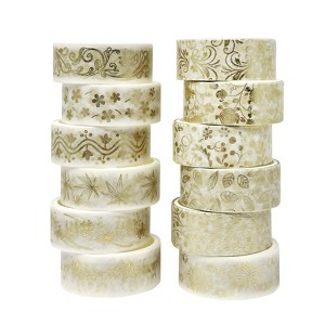 Wrapables Elegant Gold Foil Washi Tape Box Set for Arts & Crafts, Scrapbooking, Stationery, Diary (12 Rolls), Gold Floral - 1 of 4