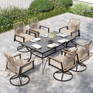 Captiva Designs 7pc Patio Dining Rectangle Steel Table and Swivel Wicker Chairs with Thick Cushions - 1 of 4