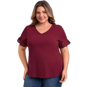 GRACE & GRANDEUR Women's Plus Size Eyelet Embroidered Lace Short Sleeve V Neck Dressy Casual Blouses - 1 of 4