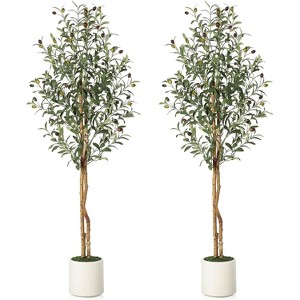 5/6/7 FT Artificial Olive Tree, Realistic Natural Wood Trunk, Plant with White Flower Pot and Green Fake Moss Outdoor Tree for Home Porch Decoration - 1 of 4