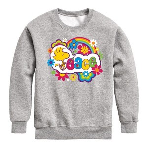 Boys' - Peanuts - Peace Floral & Colorful Woodstock Graphic Long Sleeve Fleece Sweatshirt - 1 of 4
