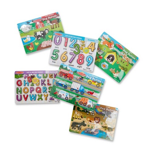 Melissa & Doug Wooden Puzzle Storage Case Keeper + 6 Peg Puzzles