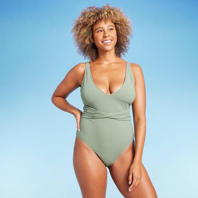 Women's Ribbed Plunge Front V-Wire One Piece Swimsuit - Shade & Shore™ Dark  Green XL