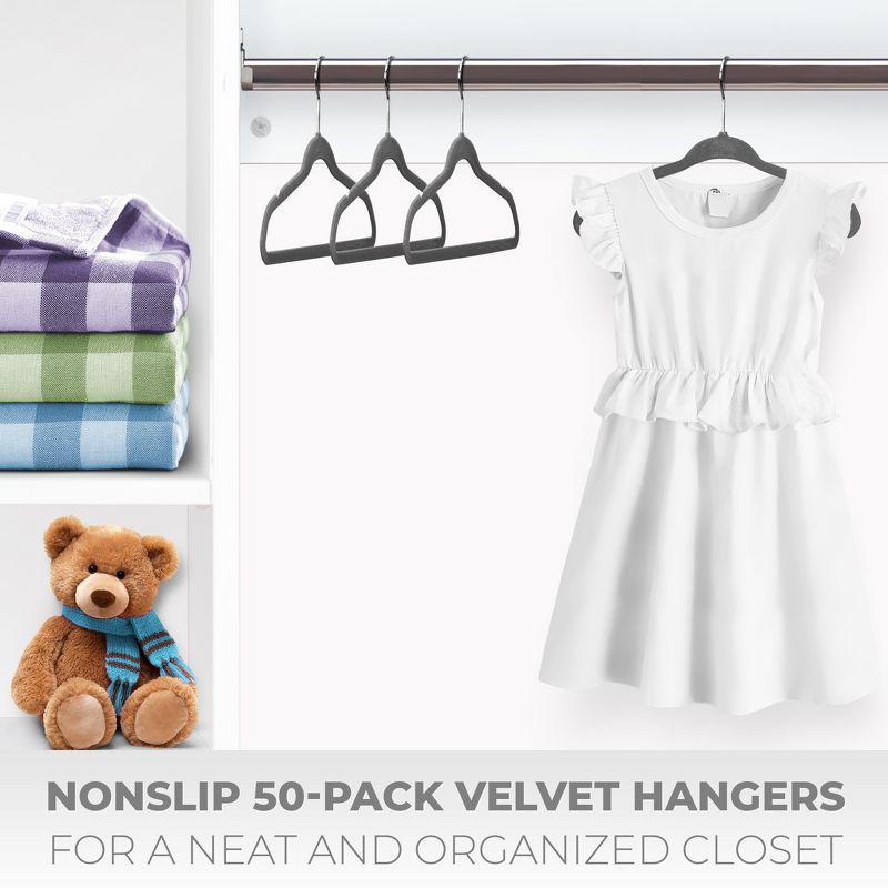 OSTO Premium Velvet Hangers for Kids, Pack of 50 Non-Slip Clothes Hangers, Thin Space-Saving with Notches and 360° Hook; 14 Inch, 2 of 5