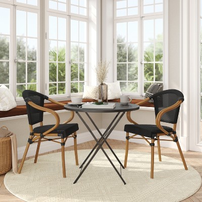 Marseille Black Textilene and Natural Bamboo Print Aluminum Bistro Chairs